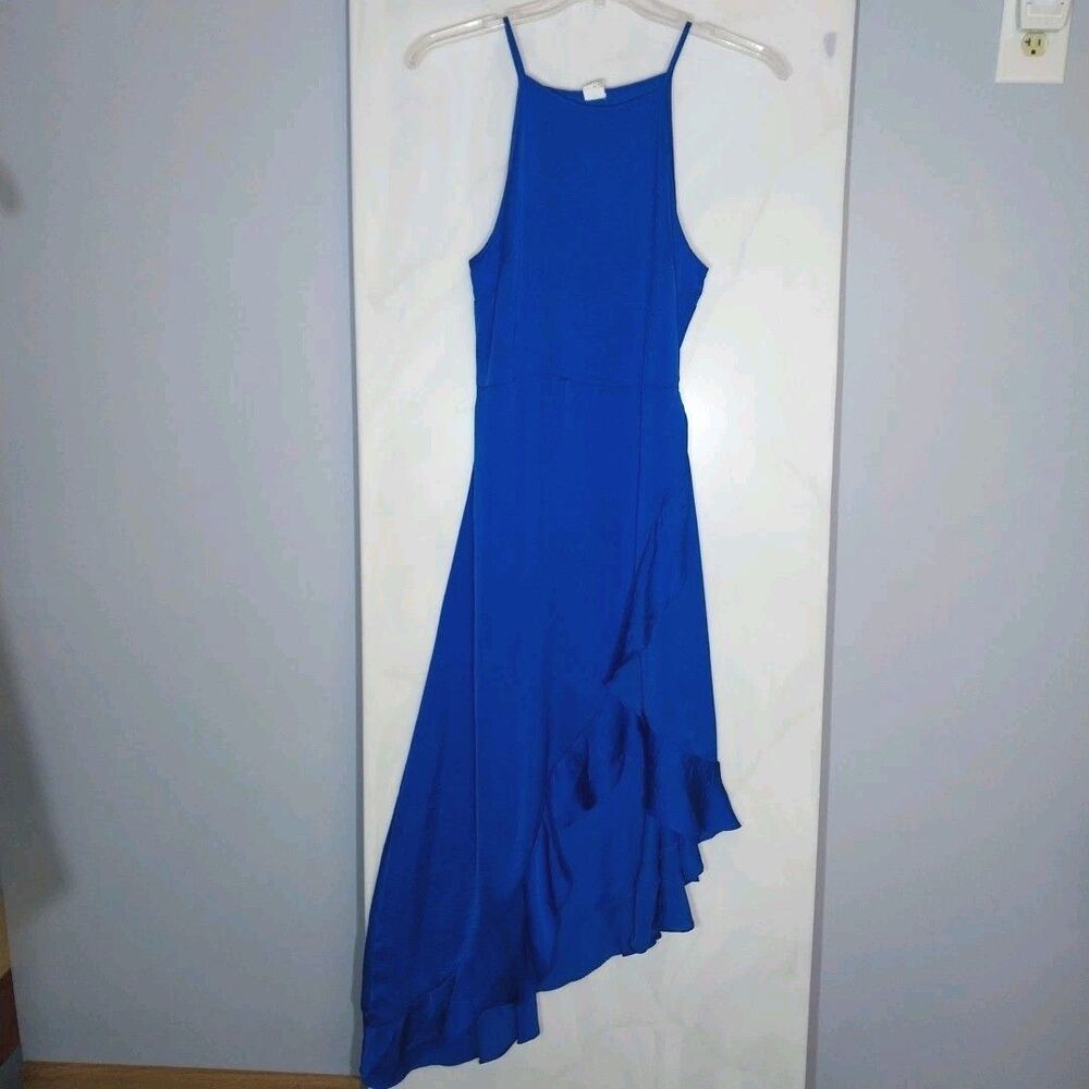 Flawless Formal Dress M Royal Blue High Low Faux Wrap Ruffle Evening Gala Gown